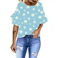luvamia Women's Casual 3/4 Tiered Bell Sleeve Crewneck Loose Tops Blouses Shirt Daisy Floral Blue Size XXL