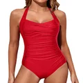 Tempt Me Women Red Tummy Control Vintage Halter One Piece Swimsuit Ruched Padded Bathing Suits S