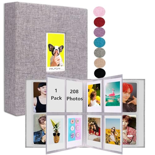 Mini Photo Album 208 Vertical Photos - Linen Cover, Front Window, Photo Album 2x3 Compatible with Fujifilm Instax Mini Film 7s 8 9 11, Polaroid 300, HP Sprocket, K-pop Photocards, Grey