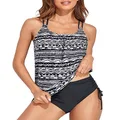 Holipick Two Piece Tankini Swimsuits for Women Tummy Control Bathing Suits Athletic Blouson Swim Tank Top with Shorts, Black White, Large