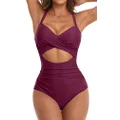 Eomenie Women's One Piece Swimsuit Wrap Cutout Tummy Control High Waisted Back Tie Knot Bathing Suit, Wine Red, Small