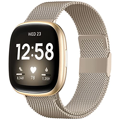 ZWGKKYGYH Bands Compatible with Fitbit Sense Versa 4 Sense 2 and Versa 3 Smartwatch Women Men, Stainless Steel Metal Mesh Magnetic Band Replacement for Sense/Versa 3/Versa 4/Sense 2, Large Champagne