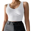 Artfish Women's Sexy Deep V Neck Fitted Gym Workout Top Sleeveless Ribbed Casual Basic Crop Tank Tops (White, M)