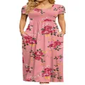 DB MOON Women's 2022 Casual Summer Maxi Dresses Short Sleeve Empire Waist Long Dress with Pockets, Pink Floral, 4X-Large