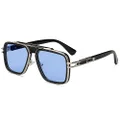 Freckles Mark Trendy Retro Sunglasses for Men Women Stark Vintage Shades 70s Italian Fashion Square Metal Glasses, Blue Lens / Black Frame, Large