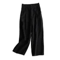 Aeneontrue Women's 100% Linen Wide Leg Pants Capri Trousers Back with Elastic Waist Black M