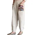 Minibee Women's Baggy Linen Wide Leg Trousers Casual Patchwark Elastic Waist Harem Pants Linen 2XL