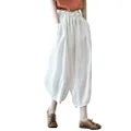 IXIMO Women's Linen Capri Pants Casual Loose Fit Wide Leg Harem Pocket Pleated Trousers, White, Medium