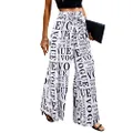 IUALXYBB Women's Summer Casual Colorful Print Drawstring Summer Beach High Waist Wide Leg Long Pants with Pockets, White, X-Large