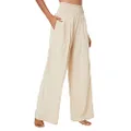 Urban CoCo Women's Elastic High Waist Light Weight Loose Casual Wide Leg Trousers Long Pants with Pocket, Beige, Large