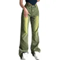 Women's Y2K Fashion Wide Leg High Waist Denim Pants Boyfriend Jeans Loose Fit Baggy Jeans for Teen Girls Flower Embroidery, H# Green, Medium