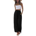Faleave Women's Cotton Linen Summer Palazzo Pants Flowy Wide Leg Beach Trousers with Pockets, Black, Large