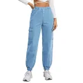 Women's Cargo Jogger Pants High Waisted Drawstring Elastic Waist Cargo Jeans Casual Denim Pants with Side Flap Pockets, Light Blue, X-Small