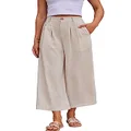 heipeiwa Women's Linen Casual High Waist Wide Leg Straight Dress Pants Button Trousers, Palazzo Capri Linen, Large