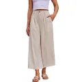 heipeiwa Women's Linen Casual High Waist Wide Leg Straight Dress Pants Button Trousers, Palazzo Capri Linen, Large