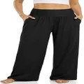 UEU Women's Wide Leg Pants Elastic High Waisted Travel Lounge Yoga Palazzo Pants with Pockets, Black, Large