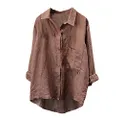 Minibee Women's Casual Cotton Linen Blouse Plus Size High Low Shirt Long Sleeve Tops (S, Coffee)