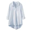 Minibee Women's Casual Cotton Linen Blouse Plus Size High Low Shirt Long Sleeve Tops (S, Light Blue)