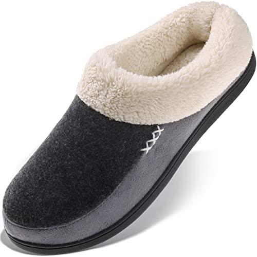 Men's Slippers Fuzzy House Shoes Memory Foam Slip On Clog Plush Wool Fleece Indoor Outdoor Size 7-8 Black/Grey