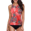 Holipick Women Two Piece Swimsuit High Neck Halter Floral Printed Tankini Sets Red XXL