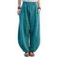 IXIMO Women's Linen Wide Leg Pants Loose Fit Bloomers Trousers with Elastic Waist Style3 Blue M