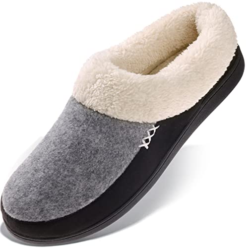 Men's Slippers Fuzzy House Shoes Memory Foam Slip On Clog Plush Wool Fleece Indoor Outdoor Size 7-8 Grey/Black