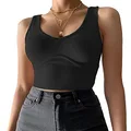 Artfish Women's Sexy Deep V Neck Fitted Gym Workout Top Sleeveless Ribbed Casual Basic Crop Tank Tops (Black, M)