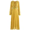 CHICWISH Women's Lilac/Yellow/Green/Burgundy Wrap Bust Flowy Chiffon Wrap Pleated Maxi Dress, Yellow, X-Small