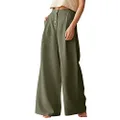 Les umes Women's Cotton Linen Casual High Wasit Wide Leg Long Pants Loose Solid Color Button Up Trousers with Pocket, Green, Large