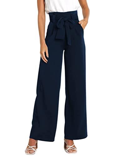Hooever Women's High Waist Pants Casual Pockets Belted Wide Leg Palazzo Trousers, Darkblue, Large