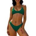 ZAFUL Women's Tie Back Padded High Cut Bralette Bikini Set Two Piece Swimsuit, 1-forest Green, Medium