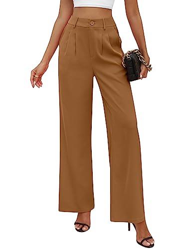 MUSIDORA Women's Flowy Straight Wide Leg Pants/High Waisted Trousers with Pockets Causal Wear, Caramel, X-Large