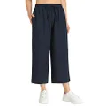 Weintee Women's Linen Capris Wide Leg Cropped Pants with Pockets, Navy, Large