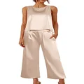 Ekoauer Women's Silk Satin Pajama 2 Piece Outfits Sleeveless Tank Crop Top and Wide Leg Pants Set with Pockets, Champagne, Medium