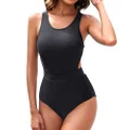 Tempt Me Women Black One Piece Swimsuit Cutout High Neck Tummy Control Bathing Suit High Waisted Monokini L