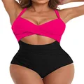 Eomenie Women's One Piece Swimsuits Tummy Control Cutout High Waisted Bathing Suit Wrap Tie Back 1 Piece Swimsuit, Hot Pink Black, X-Small