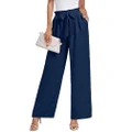 FREEOAK Women's Cotton Linen Summer Palazzo Printed Pants Flowy Wide Leg Beach Pants with Pockets, 04-dark Blue, Small