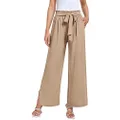 UEU Women's Wide Leg Casual Pants High Waisted Adjustable Tie Knot Business Work Trousers with Pockets, Light Coffee, XX-Large