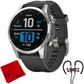 Garmin 010-02539-00 Fenix 7S Smartwatch, Silver with Graphite Band Bundle with Deco Gear Magnetic Wireless Sport Earbuds and Deco Gear Microfiber Cleaning Cloth