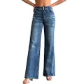 roswear Women’s Casual Distressed High Waisted Denim Pants Stretch Baggy Loose Wide Leg Jeans, 104 Blue, Large