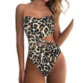 Hilor Women's Strapless One Piece Swimsuit High Waisted Bikini Swimwear Cutout Bandeau Bathing Suit with Side Tie Strap, Leopard, 14