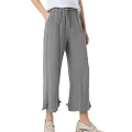 Minibee Women's Linen Cropped Pants Drawstring Waist Wide Leg Trousers with Frog Button (XL, Gray)