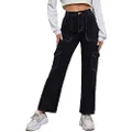 Metietila Women's High Waisted Cargo Jean Pants Stretch Straight Legs Jeans Denim Pants Trendy, Solid Black, XX-Large