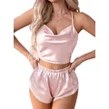 LYANER Women's Silky Satin Pajamas Set Cami Crop Top with Shorts Lingerie Sleepwear PJ Set, Pink, Large