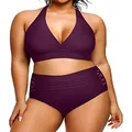 Yonique Womens Plus Size Bikini High Waisted Swimsuits Two Piece Bathing Suits Tummy Control Swimwear, Purple, 18 Plus