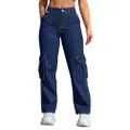 PEIHOT Women's Straight Leg Cargo Pants wiht Flap Pockets Relaxed Fit Wide Leg Jeans Baggy Denim Pants, 112-dark Blue, Small