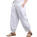 Aeneontrue Women's Cotton Linen Wide Leg Capri Pants Casual Relax Fit Lantern Trousers White XL