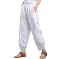 Aeneontrue Women's Cotton Linen Wide Leg Capri Pants Casual Relax Fit Lantern Trousers White XL