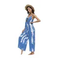 BUENOS NINOS Women's V Neck Floral Wide Leg Pants Boho Printed Adjustable Spaghetti Strappy Long Jumpsuit with Pockets Tie Dye Blue Jumpsuit L