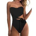 Hilor Women's Strapless One Piece Swimsuit High Waisted Bikini Swimwear Cutout Bandeau Bathing Suit with Side Tie Strap, Black, 18